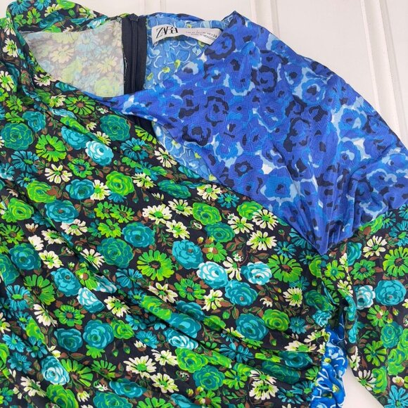 Zara Draped Print Green Blue Floral Top Size US Medium Dainty Long Sleeve - Picture 3 of 8
